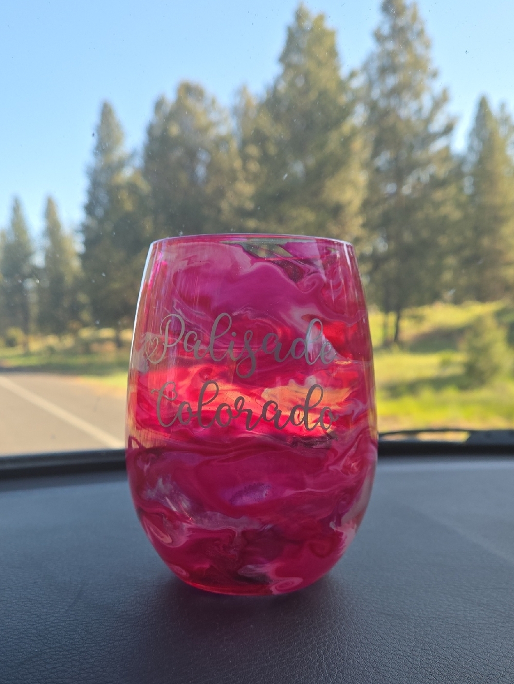 Pink Swirl Stemless Wine Glass - "Palisade Colorado"